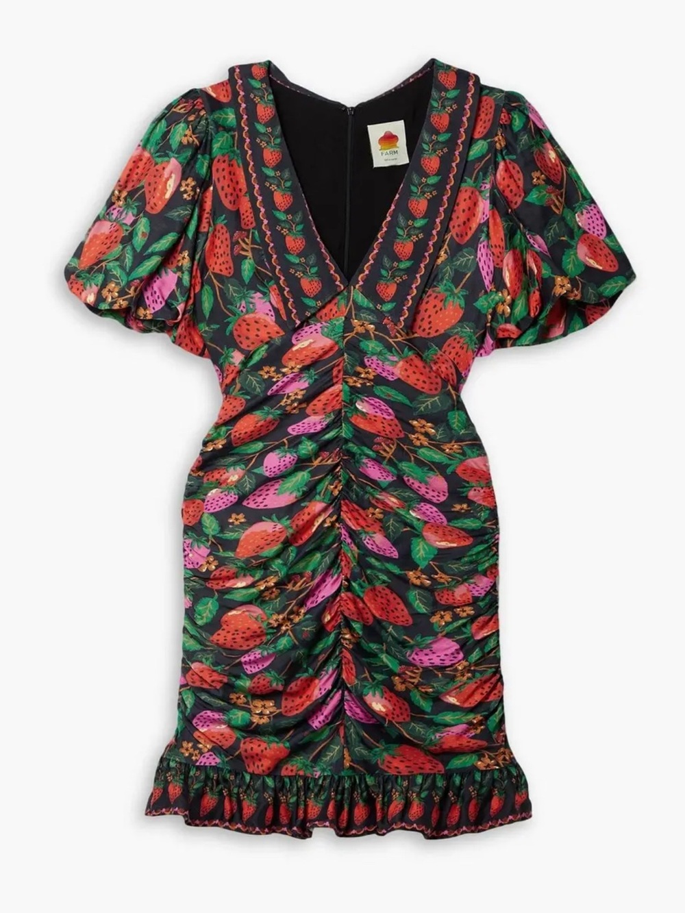 Farm Rio Lady Strawberry Puff-Sleeve Mini Dress